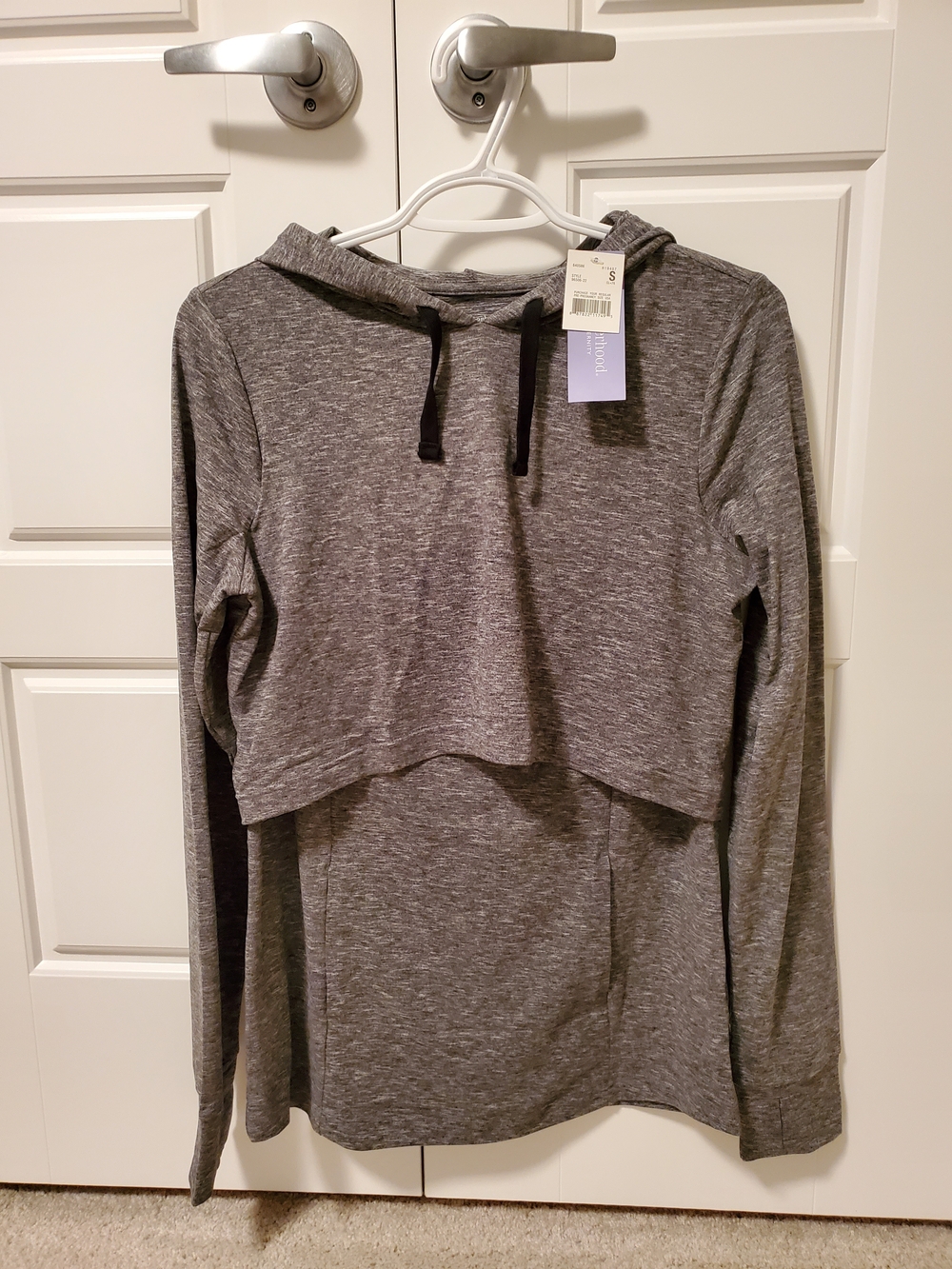 Motherhood Heather Gray Nursing Hoodie with Black Drawstrings